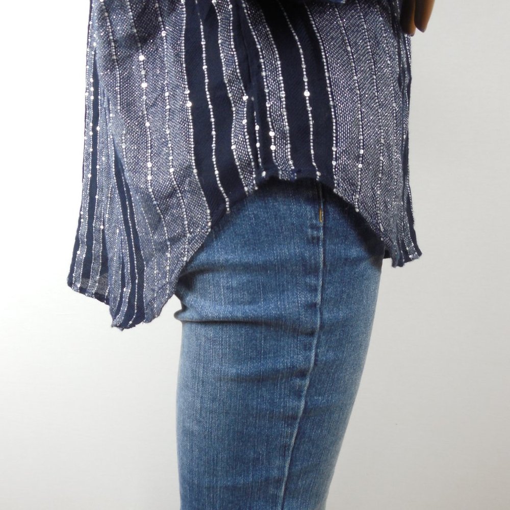 STYLE & CO Top L Navy Blue Striped Button Down Blouse Sequin Detail Party Shirt - Picture 10 of 13